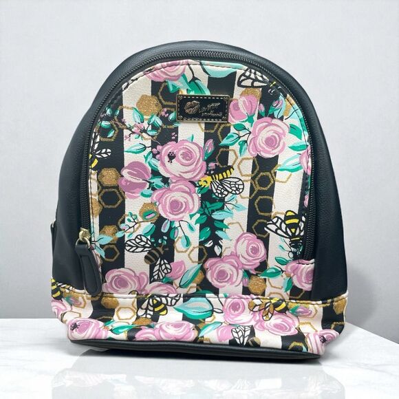 BETSEY JOHNSON Black Mini Backpack With Rose Floral Bee Sparkle & Stripes - Picture 1 of 8